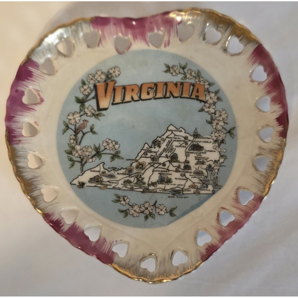 Vintage Virginia Souvenir Collectible Plate Wall Map Cherry Blossoms Cities